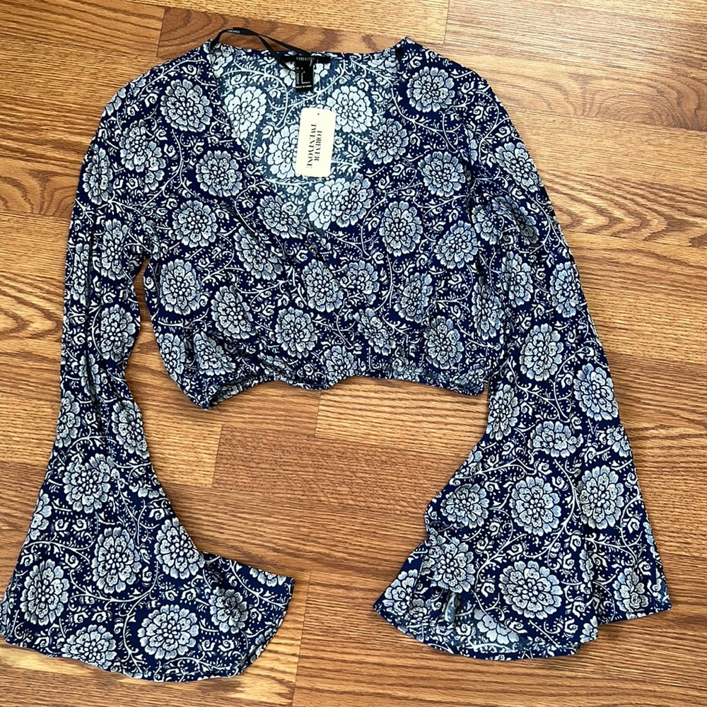 Navy Blue Paisley Bell Sleeve Crop Top
